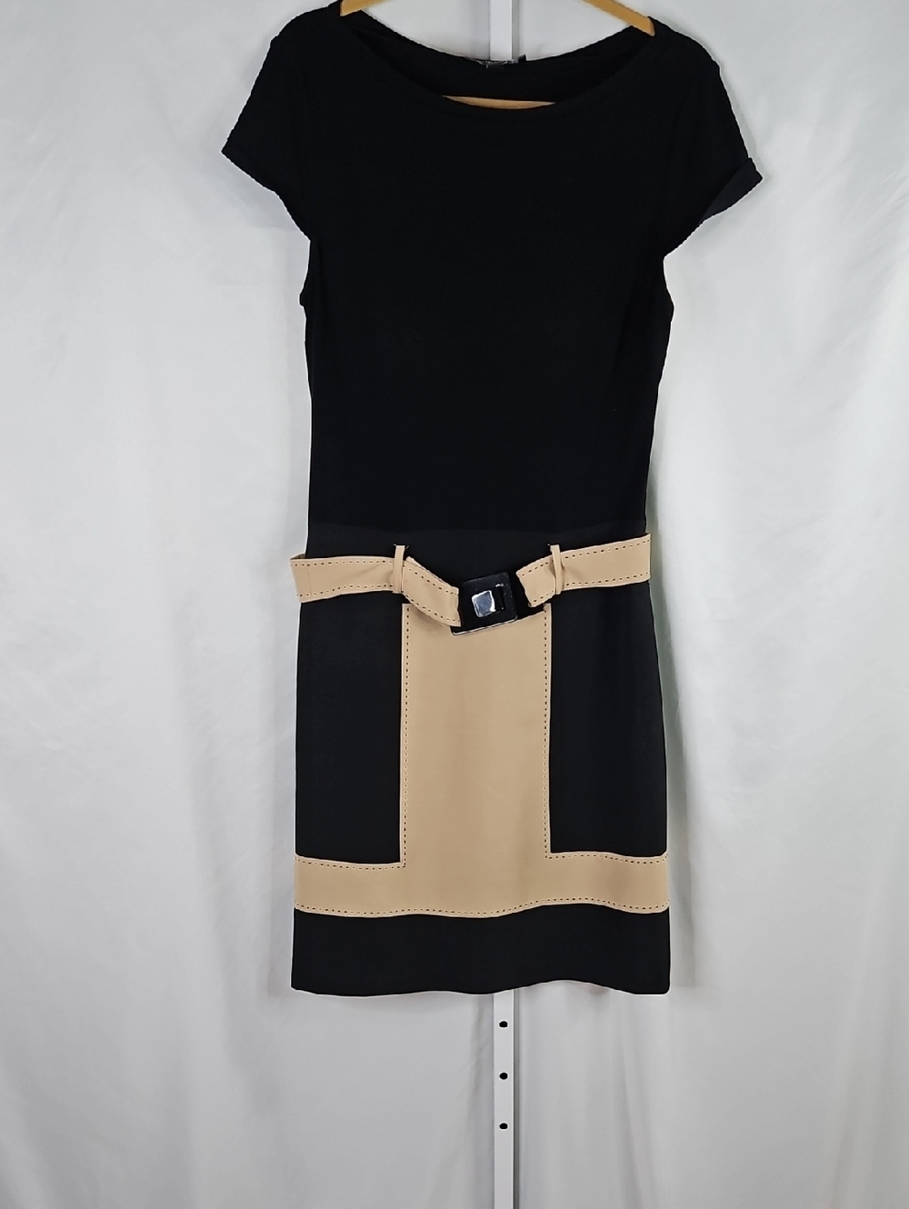 Chetta B Black Mini Dress with Beige Panel & Belt